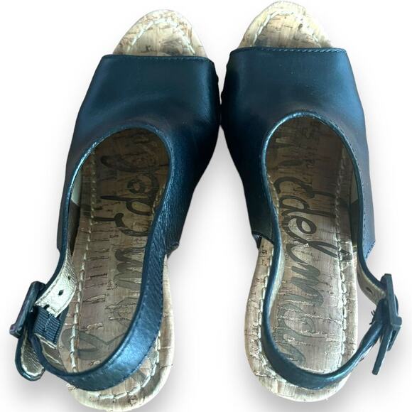 Sam Edelman Camilla Black Leather Open Toe Slingback Wood Wedge Heels Size 6 - Picture 7 of 11